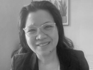 Black and white photo of Anne Fuentes
